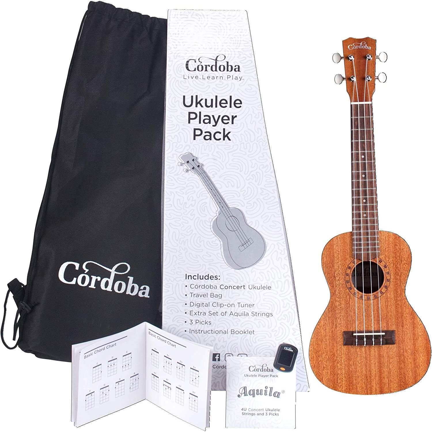 Cordoba Concert ukulele Player pack w/ drawstring bag, tuner & book